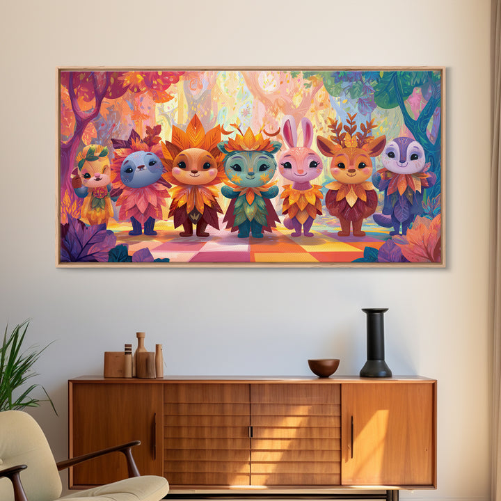 The Autumn Leaf Costume Contest, Cute Spooky Neon Art, Wide Panoramic Art, Canvas Print, Retro Halloween Decor, Neon Wall Art