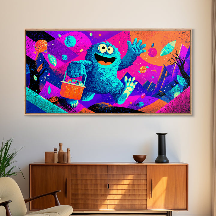 The Candy Bucket Relay Race, Cute Spooky Neon Art, Wide Panoramic Art, Canvas Print, Retro Halloween Decor, Neon Wall Art, Dark Fantasy Art