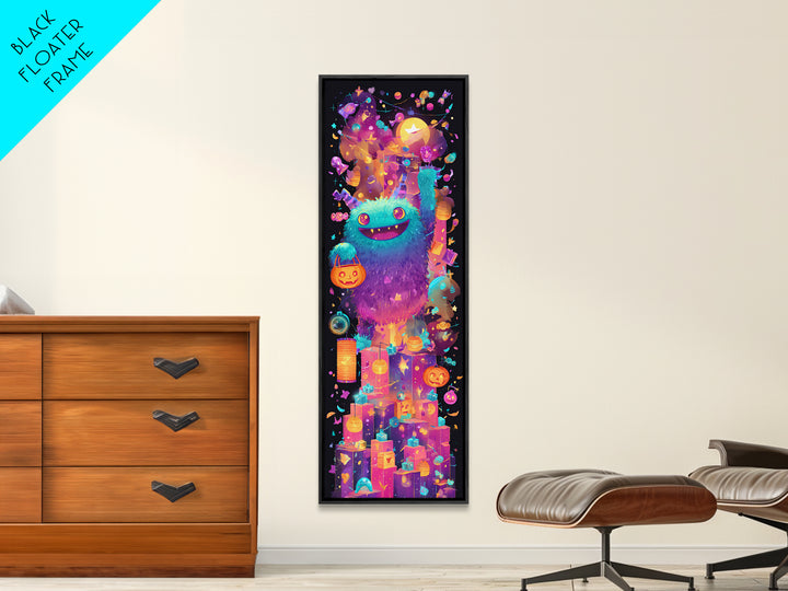 The Candy Bucket Relay Race, 80s Halloween Wall Art, Tall Narrow Wall Art, Framed Canvas Print, Retro Halloween Decor, Neon Wall Art