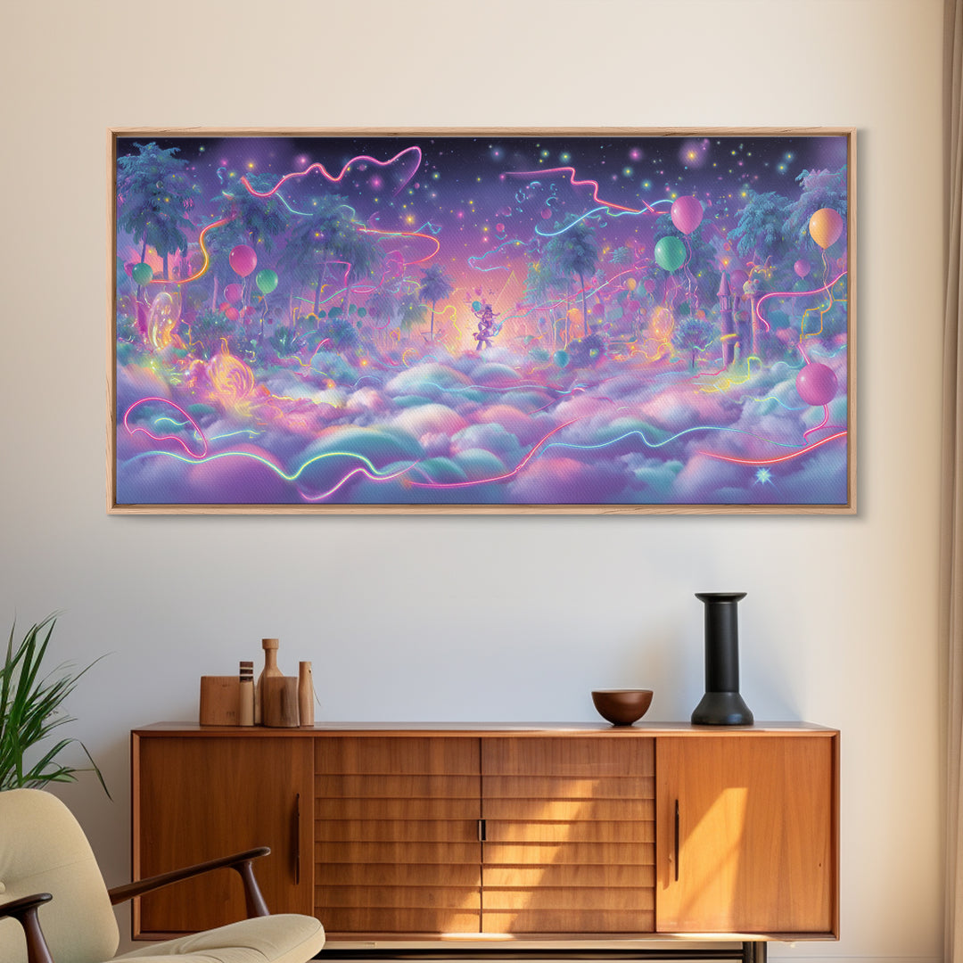 The Broomstick Obstacle Course, Vaporwave Halloween Decor, Wide Panoramic Art, Framed Canvas Print, Retro Halloween Decor, Neon Wall Art