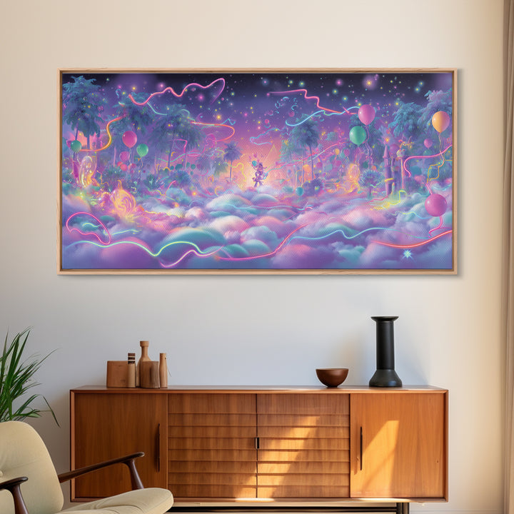 The Broomstick Obstacle Course, Vaporwave Halloween Decor, Wide Panoramic Art, Framed Canvas Print, Retro Halloween Decor, Neon Wall Art