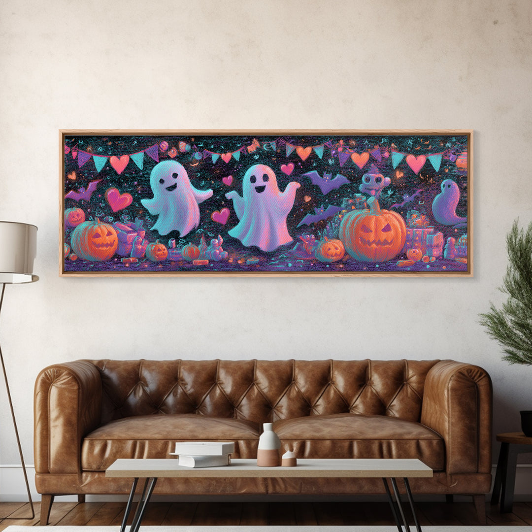 The Halloween Craft Table, Retro Neon Halloween Art, Extra Wide Wall Art, Framed Canvas Print, Retro Halloween Decor, Neon Wall Art