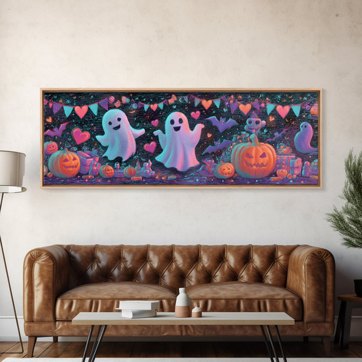 The Halloween Craft Table, Retro Neon Halloween Art, Extra Wide Wall Art, Framed Canvas Print, Retro Halloween Decor, Neon Wall Art