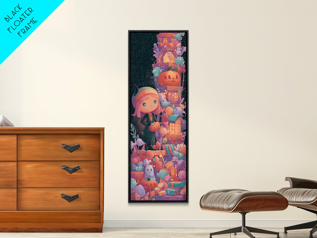 The Halloween Craft Table, Cute Spooky Neon Art, Tall Narrow Wall Art, Framed Canvas Print, Retro Halloween Decor, Neon Wall Art