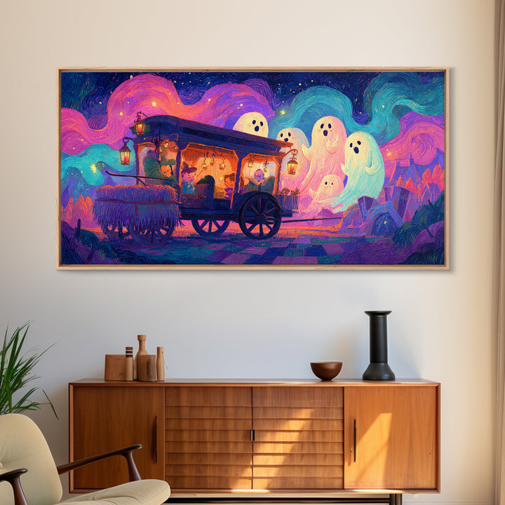 The Friendly Haunted Hayride, 80s Halloween Wall Art, Wide Panoramic Art, Canvas Print, Retro Halloween Decor, Neon Wall Art