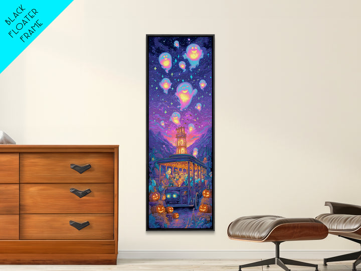The Friendly Haunted Hayride, 80s Halloween Wall Art, Tall Narrow Wall Art, Canvas Print, Retro Halloween Decor, Neon Wall Art