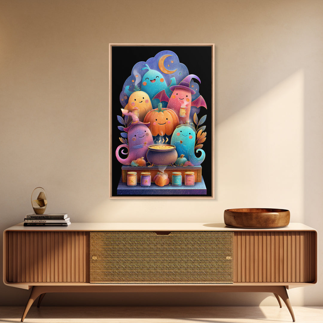 The Pumpkin Pancake Breakfast, Retro Neon Halloween Art, Vertical Wall Art, Canvas Print, Retro Halloween Decor, Neon Wall Art