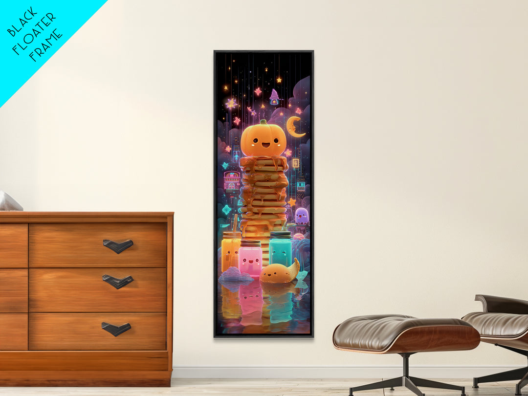 The Pumpkin Pancake Breakfast, Retro Neon Halloween Art, Tall Narrow Wall Art, Canvas Print, Retro Halloween Decor, Neon Wall Art