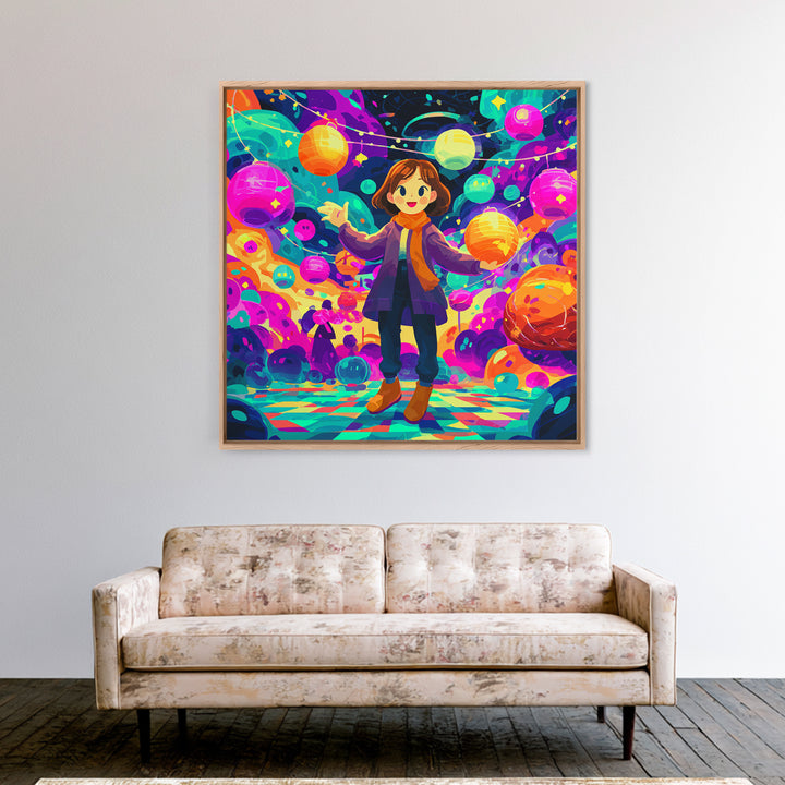 The Lantern-Making Festival, Cute Spooky Neon Art, Square Wall Art, Canvas Print, Retro Halloween Decor, Neon Wall Art, Seasonal Home Decor