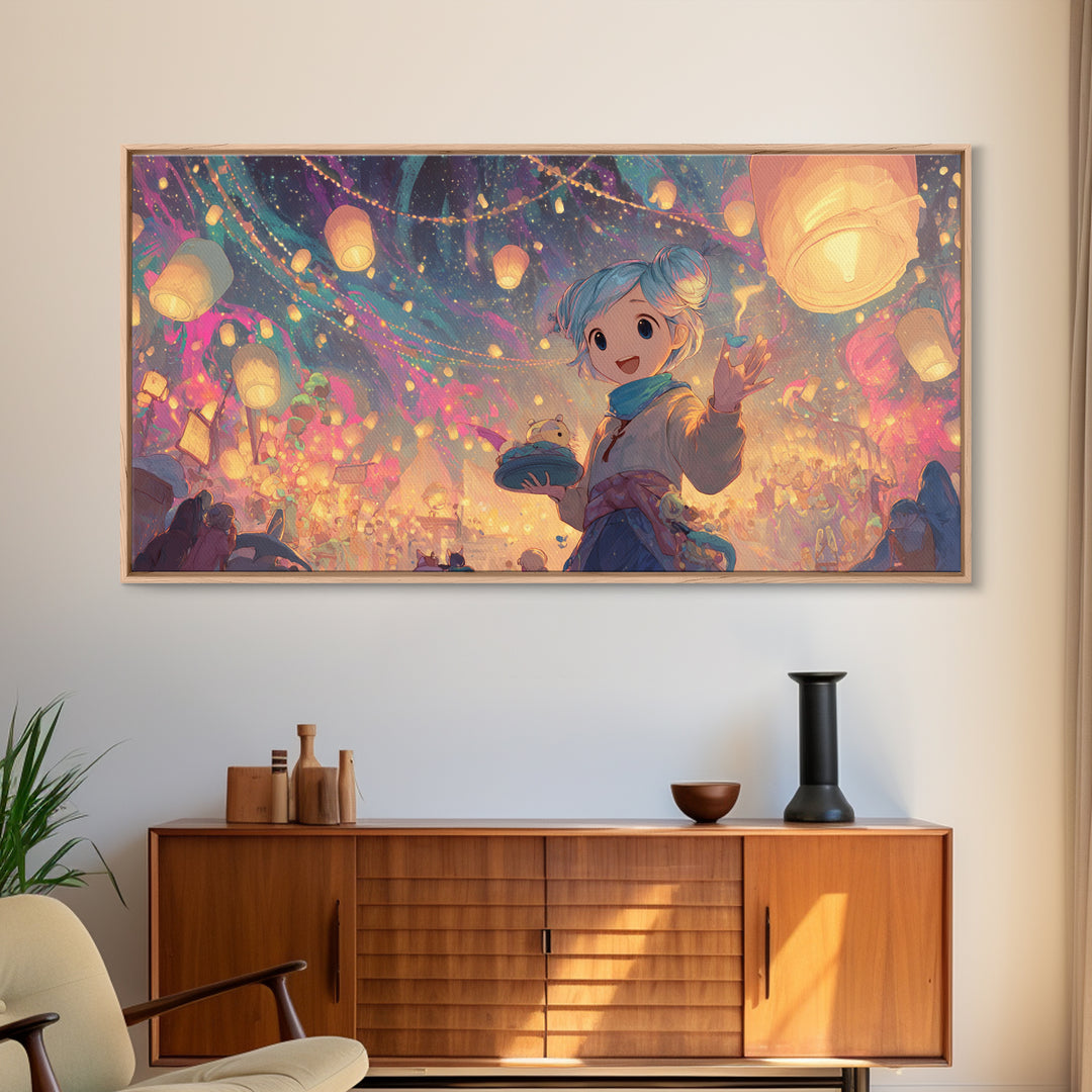 The Lantern-Making Festival, Vaporwave Halloween Decor, Wide Panoramic Art, Canvas Print, Retro Halloween Decor, Neon Wall Art
