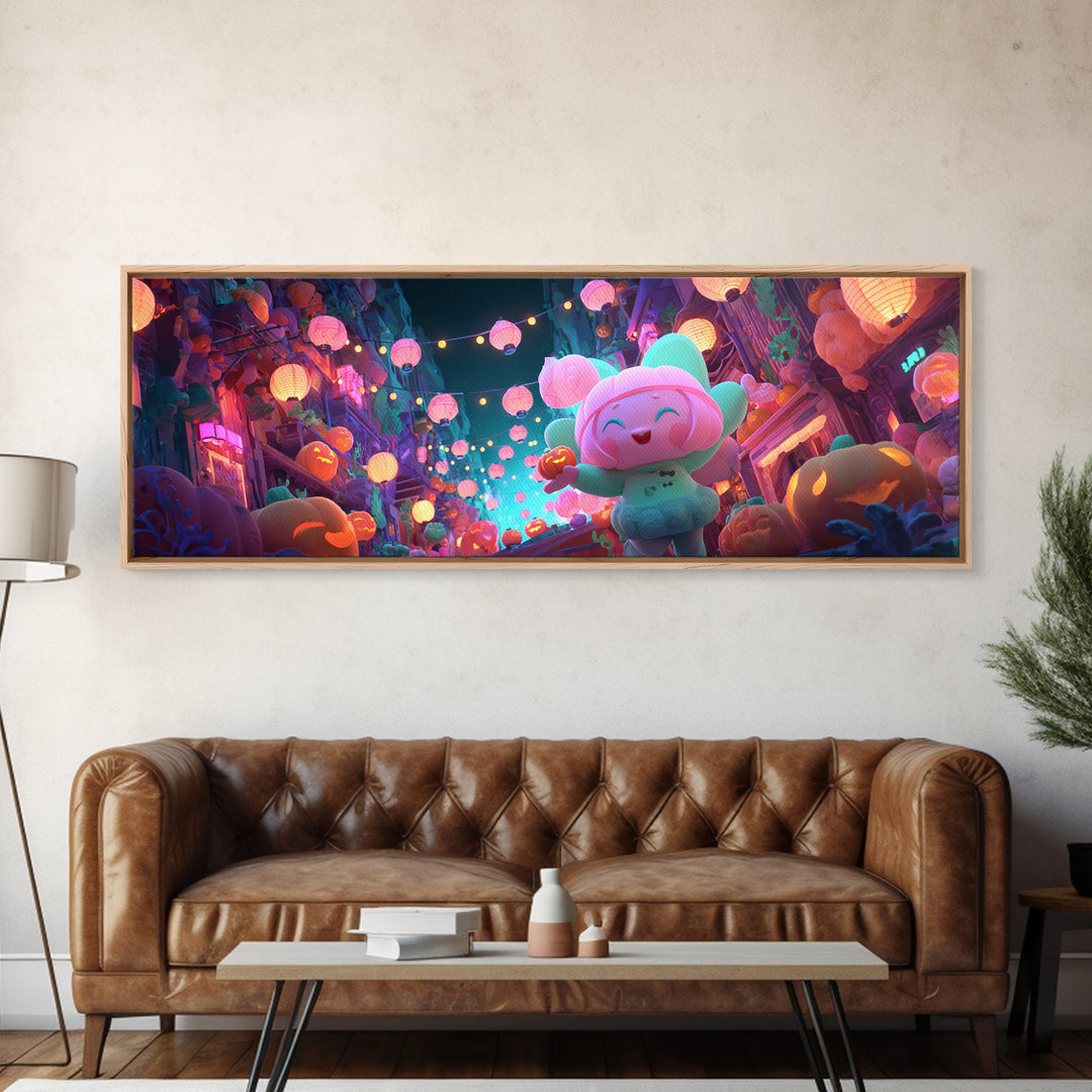 The Lantern-Making Festival, Cute Spooky Neon Art, Extra Wide Wall Art, Framed Canvas Print, Retro Halloween Decor, Neon Wall Art