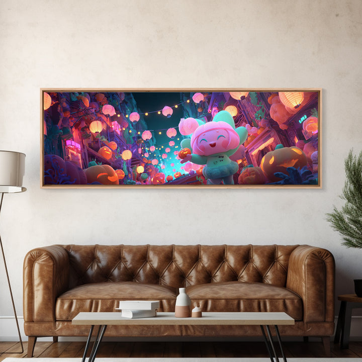 The Lantern-Making Festival, Cute Spooky Neon Art, Extra Wide Wall Art, Framed Canvas Print, Retro Halloween Decor, Neon Wall Art