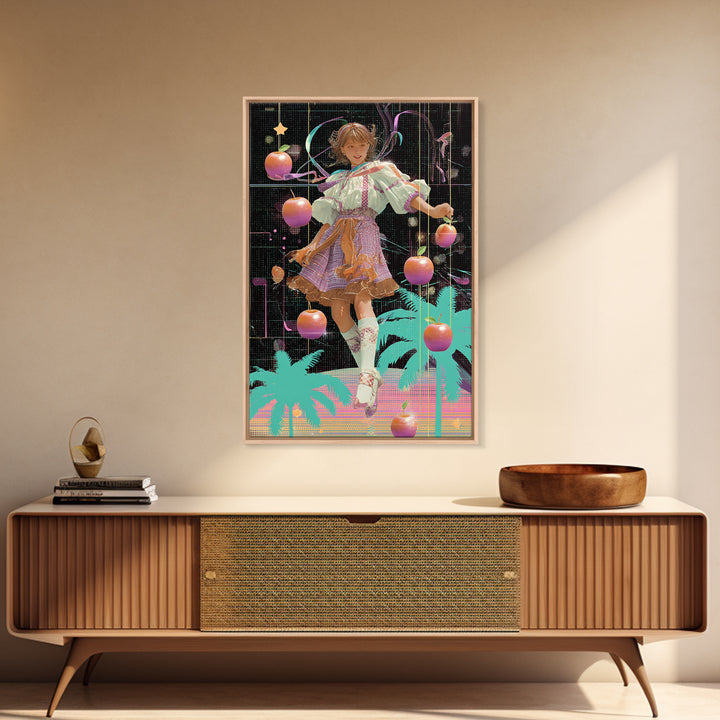 The Candy Apple Dance, Vaporwave Halloween Decor, Vertical Wall Art, Framed Canvas Print, Retro Halloween Decor, Neon Wall Art
