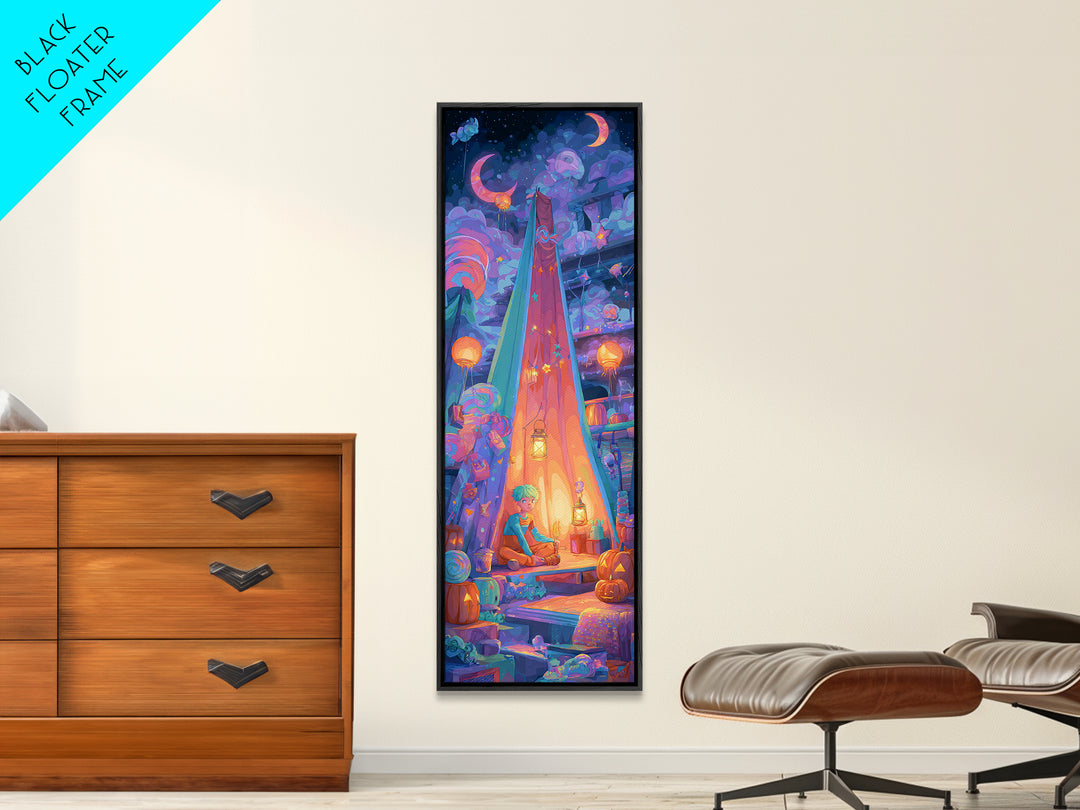 The Halloween Sleepover, Cute Spooky Neon Art, Tall Narrow Wall Art, Framed Canvas Print, Retro Halloween Decor, Neon Wall Art