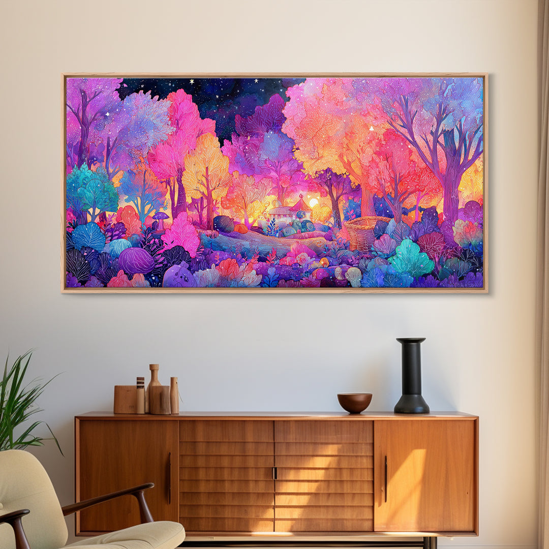 The Moonlit Scavenger Hunt, 80s Halloween Wall Art, Wide Panoramic Art, Canvas Print, Retro Halloween Decor, Neon Wall Art