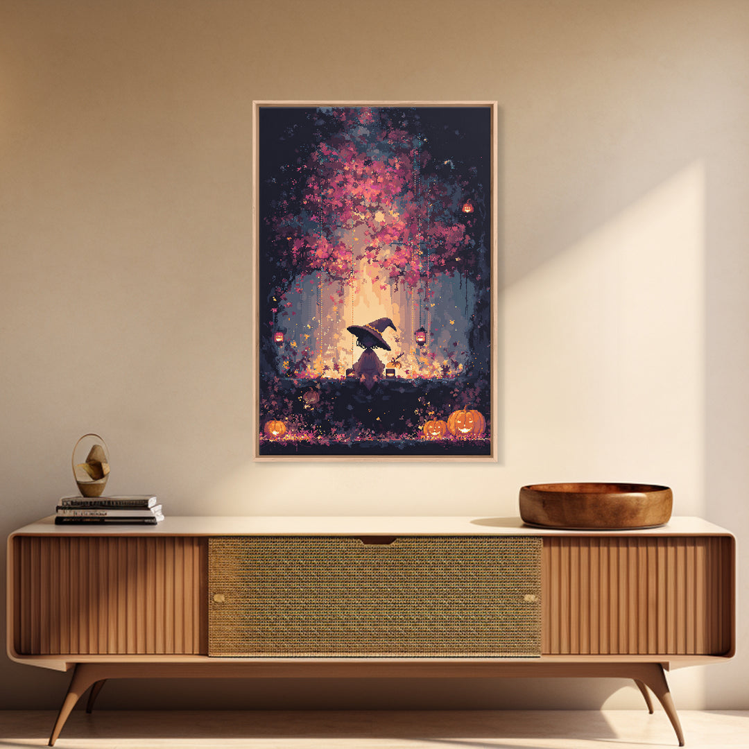 The Witch Hat Ring Toss, Vaporwave Halloween Decor, Vertical Wall Art, Canvas Print, Retro Halloween Decor, Neon Wall Art, Spooky Wall Decor