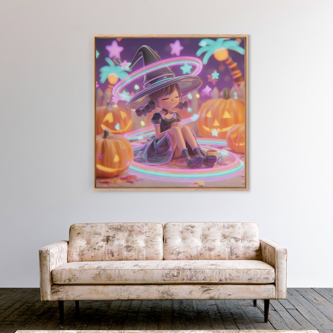 The Witch Hat Ring Toss, Retro Neon Halloween Art, Square Wall Art, Canvas Print, Retro Halloween Decor, Neon Wall Art