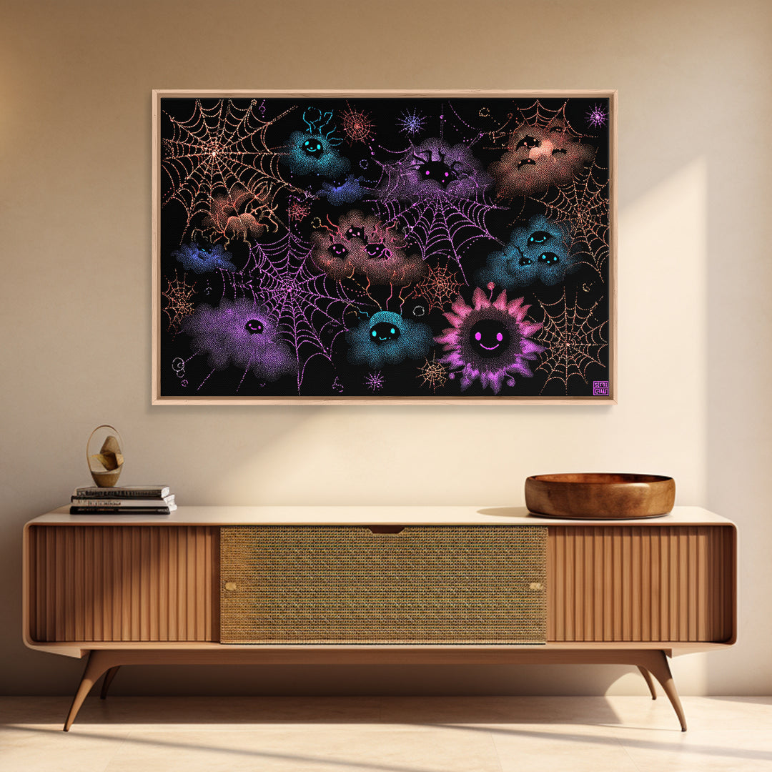 The Great Cobweb Knitting Contest, Vaporwave Halloween Decor, Landscape Wall Art, Canvas Print, Retro Halloween Decor, Neon Wall Art