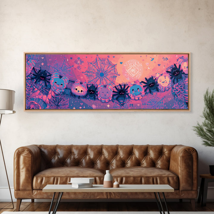 The Great Cobweb Knitting Contest, 80s Halloween Wall Art, Extra Wide Wall Art, Canvas Print, Retro Halloween Decor, Neon Wall Art
