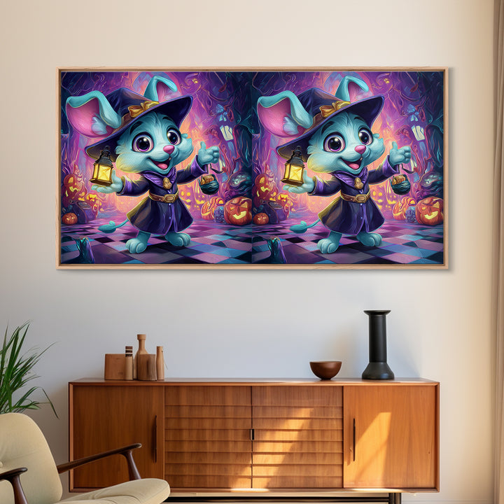 The Halloween Pet Parade, Synthwave Halloween Art, Wide Panoramic Art, Framed Canvas Print, Retro Halloween Decor, Neon Wall Art