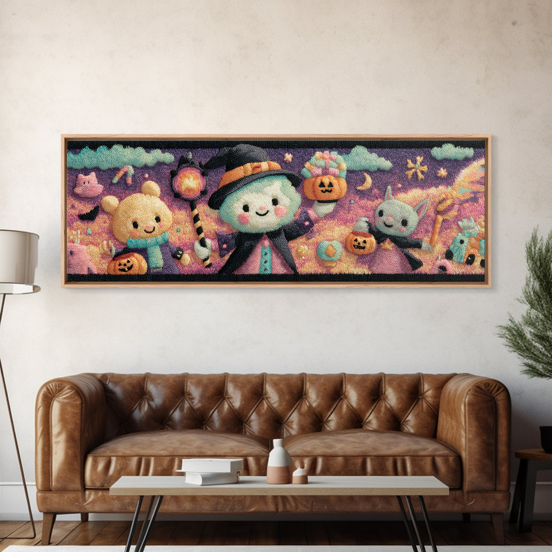 The Halloween Pet Parade, Vaporwave Halloween Decor, Extra Wide Wall Art, Framed Canvas Print, Retro Halloween Decor, Neon Wall Art