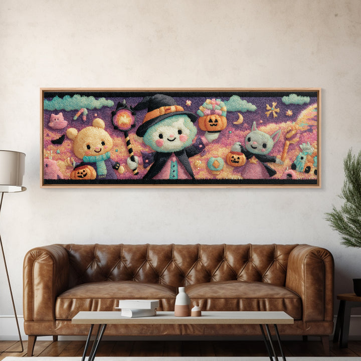 The Halloween Pet Parade, Vaporwave Halloween Decor, Extra Wide Wall Art, Framed Canvas Print, Retro Halloween Decor, Neon Wall Art