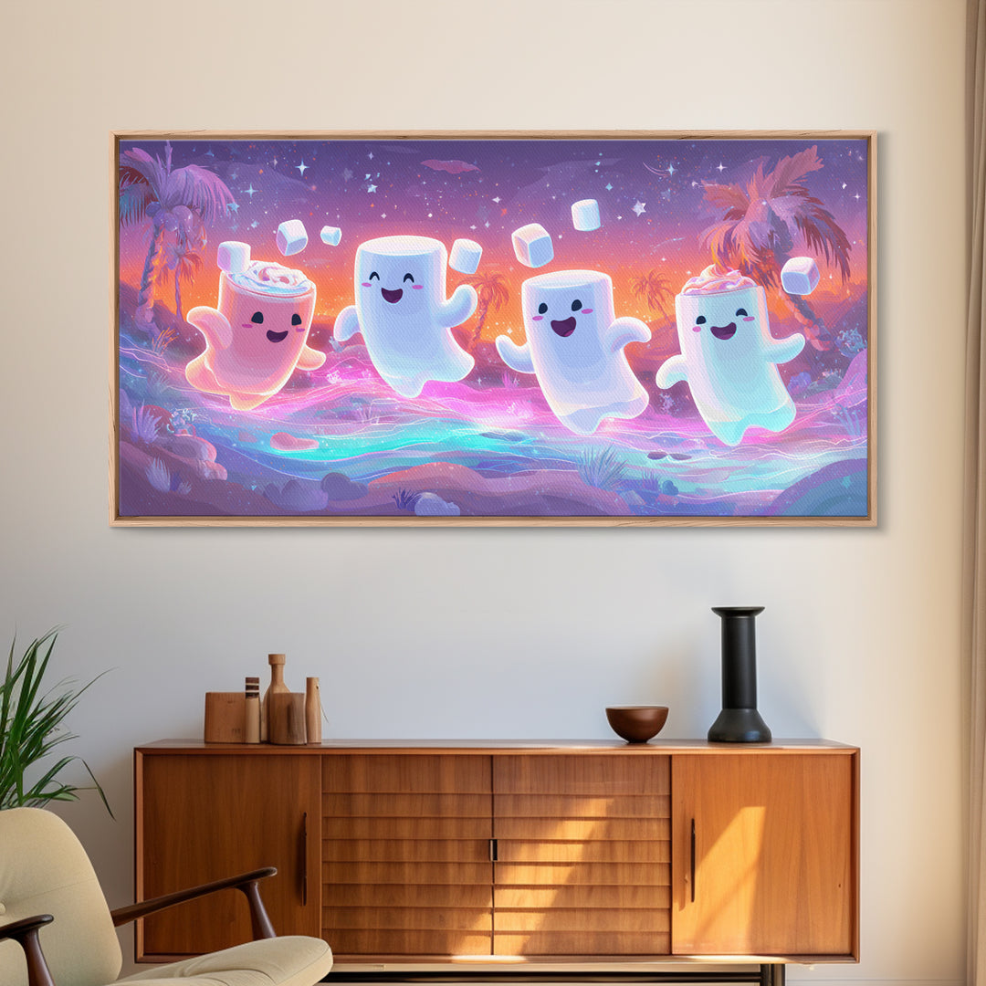 The Midnight Cocoa Party, Vaporwave Halloween Decor, Wide Panoramic Art, Framed Canvas Print, Retro Halloween Decor, Neon Wall Art