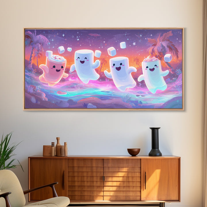 The Midnight Cocoa Party, Vaporwave Halloween Decor, Wide Panoramic Art, Framed Canvas Print, Retro Halloween Decor, Neon Wall Art