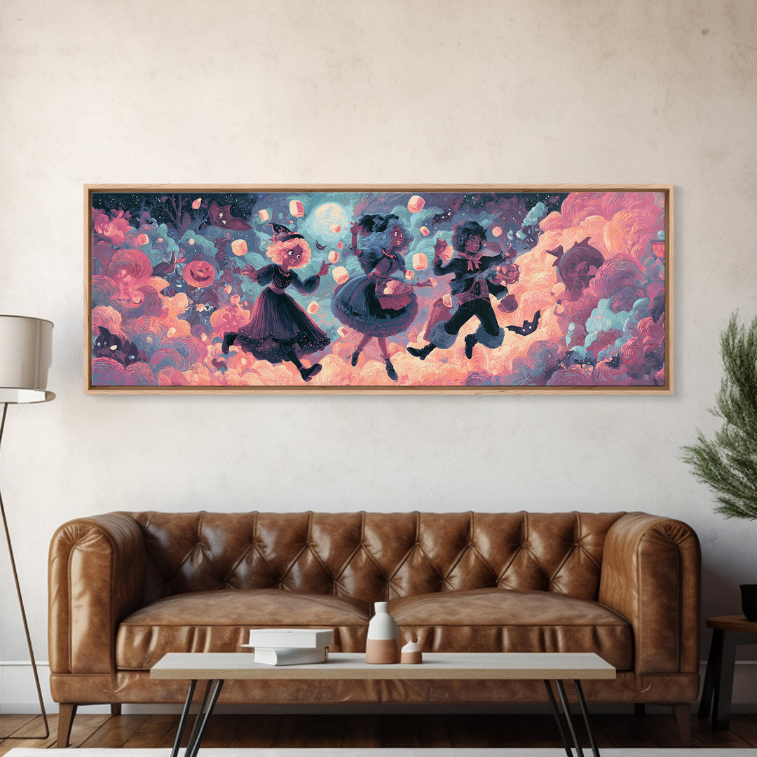 The Midnight Cocoa Party, Cute Spooky Neon Art, Extra Wide Wall Art, Framed Canvas Print, Retro Halloween Decor, Neon Wall Art