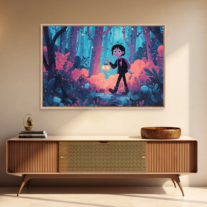 The Firefly Lantern Forest, Cute Spooky Neon Art, Landscape Wall Art, Canvas Print, Retro Halloween Decor, Neon Wall Art