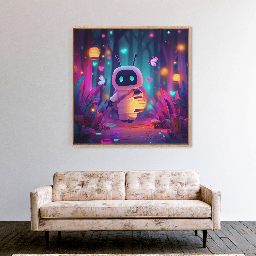 The Firefly Lantern Forest, Retro Neon Halloween Art, Square Wall Art, Framed Canvas Print, Retro Halloween Decor, Neon Wall Art