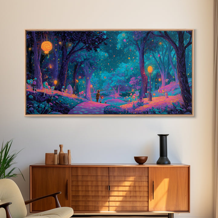 The Firefly Lantern Forest, Vaporwave Halloween Decor, Wide Panoramic Art, Framed Canvas Print, Retro Halloween Decor, Neon Wall Art