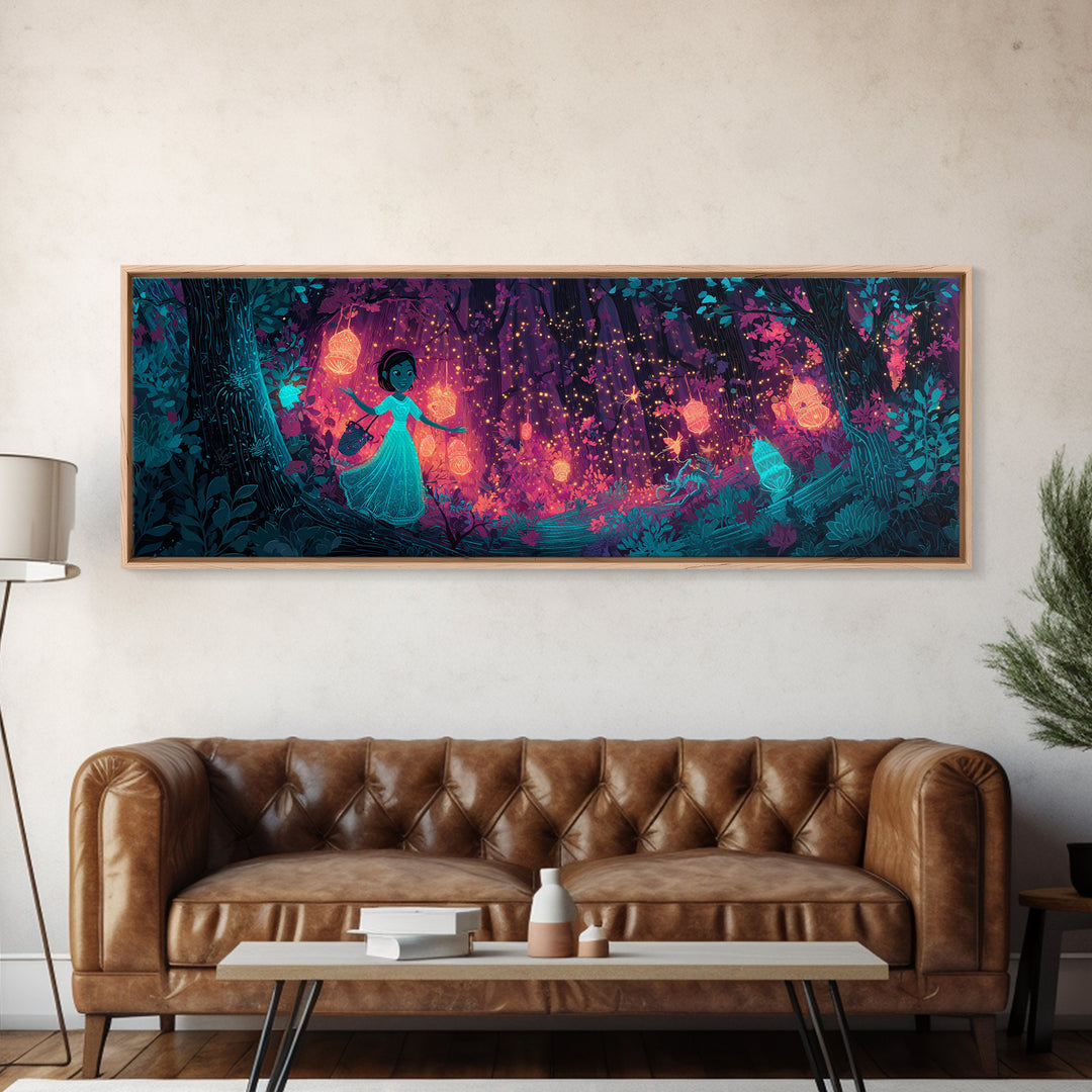The Firefly Lantern Forest, Vaporwave Halloween Decor, Extra Wide Wall Art, Framed Canvas Print, Retro Halloween Decor, Neon Wall Art