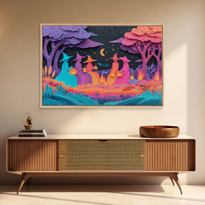 The Smiling Moon Meadow, Retro Neon Halloween Art, Landscape Wall Art, Framed Canvas Print, Retro Halloween Decor, Neon Wall Art