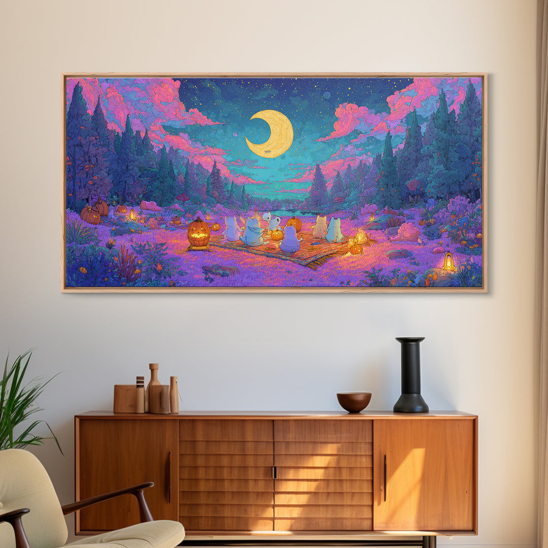 The Smiling Moon Meadow, Vaporwave Halloween Decor, Wide Panoramic Art, Canvas Print, Retro Halloween Decor, Neon Wall Art