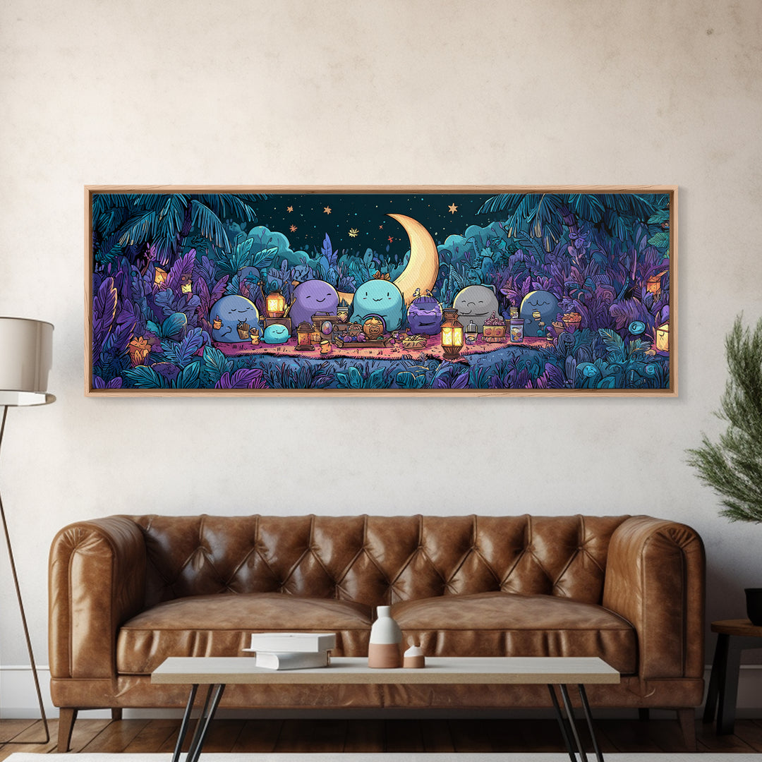 The Smiling Moon Meadow, Synthwave Halloween Art, Extra Wide Wall Art, Framed Canvas Print, Retro Halloween Decor, Neon Wall Art