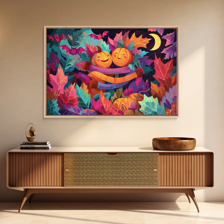 The Dancing Autumn Leaves, Synthwave Halloween Art, Landscape Wall Art, Canvas Print, Retro Halloween Decor, Neon Wall Art