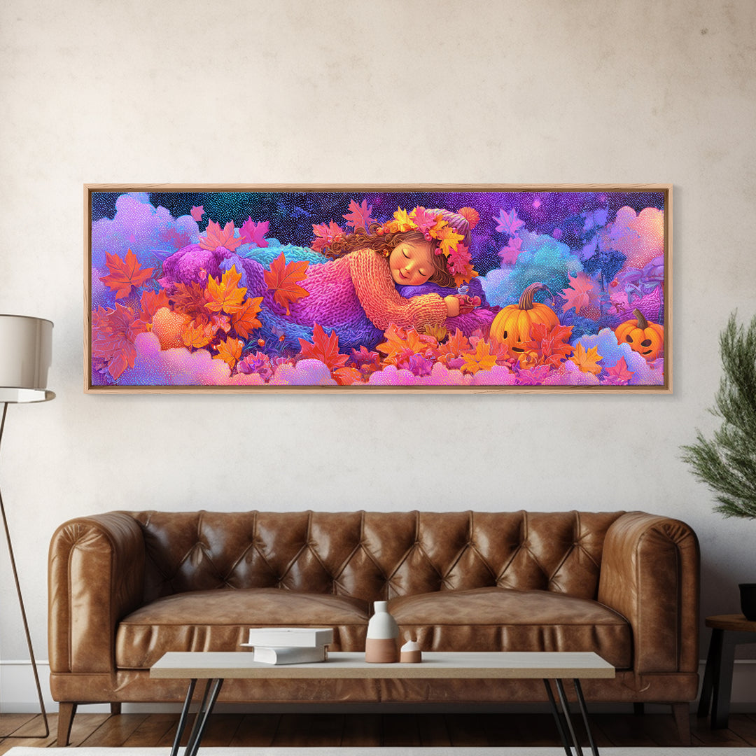 The Dancing Autumn Leaves, 80s Halloween Wall Art, Extra Wide Wall Art, Canvas Print, Retro Halloween Decor, Neon Wall Art