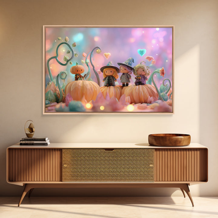 The Pumpkin Flower Garden, Cute Spooky Neon Art, Landscape Wall Art, Canvas Print, Retro Halloween Decor, Neon Wall Art, Horror Wall Art