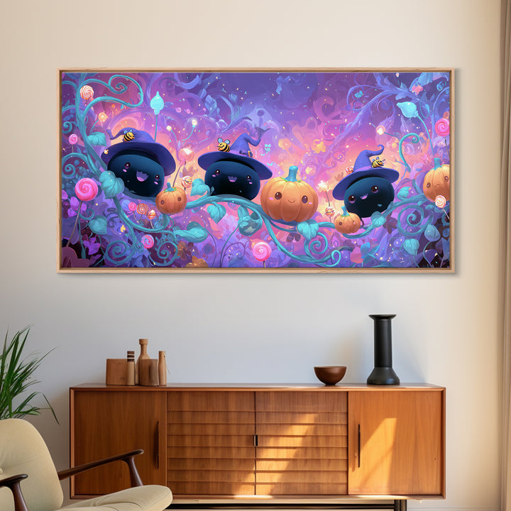 The Pumpkin Flower Garden, Cute Spooky Neon Art, Wide Panoramic Art, Canvas Print, Retro Halloween Decor, Neon Wall Art, Gothic Home Decor