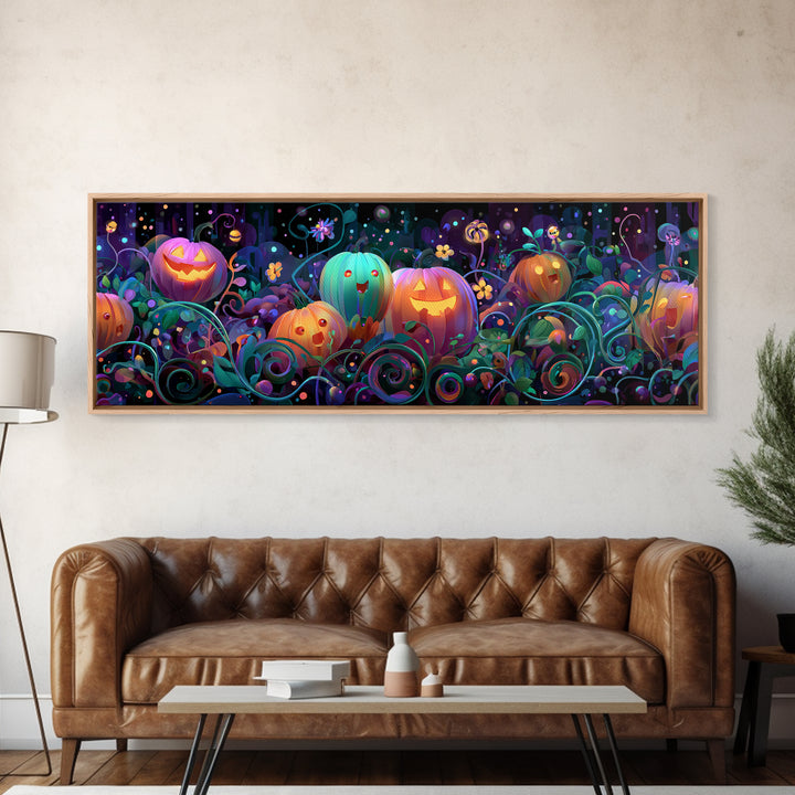 The Pumpkin Flower Garden, 80s Halloween Wall Art, Extra Wide Wall Art, Canvas Print, Retro Halloween Decor, Neon Wall Art