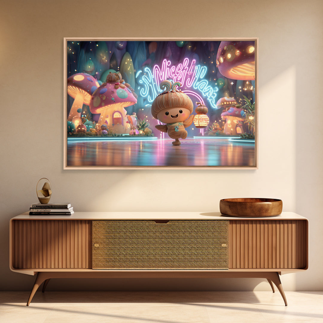 The Moonlit Acorn Village, Vaporwave Halloween Decor, Landscape Wall Art, Framed Canvas Print, Retro Halloween Decor, Neon Wall Art