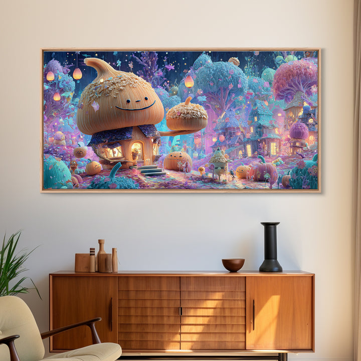 The Moonlit Acorn Village, Retro Neon Halloween Art, Wide Panoramic Art, Canvas Print, Retro Halloween Decor, Neon Wall Art