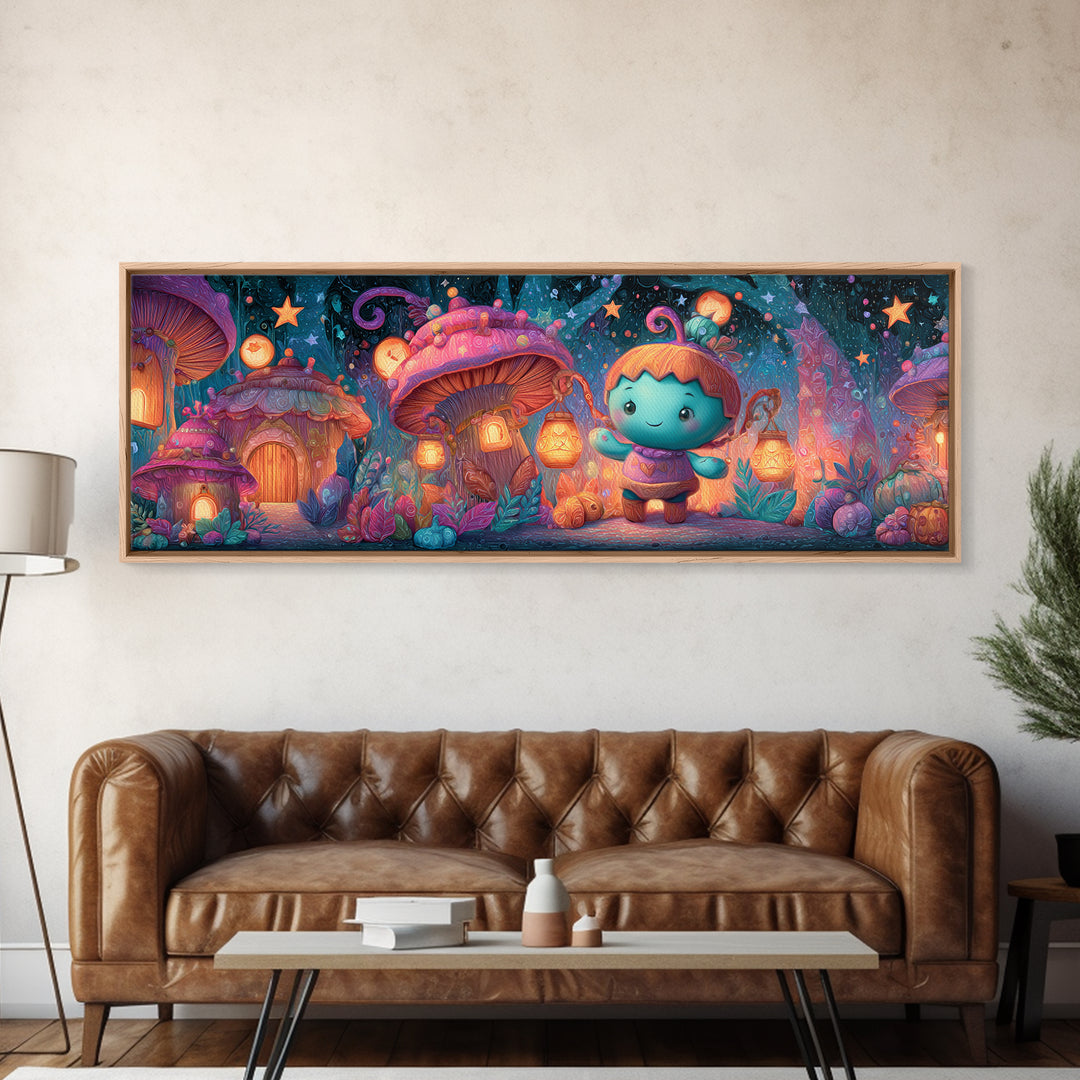 The Moonlit Acorn Village, 80s Halloween Wall Art, Extra Wide Wall Art, Canvas Print, Retro Halloween Decor, Neon Wall Art