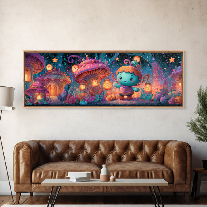 The Moonlit Acorn Village, 80s Halloween Wall Art, Extra Wide Wall Art, Canvas Print, Retro Halloween Decor, Neon Wall Art