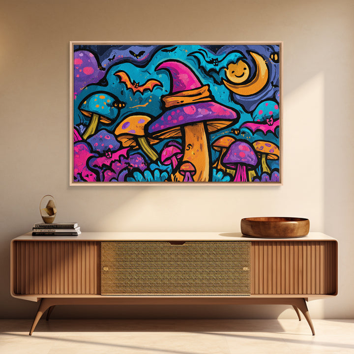 The Friendly Mushroom Forest, Vaporwave Halloween Decor, Landscape Wall Art, Framed Canvas Print, Retro Halloween Decor, Neon Wall Art