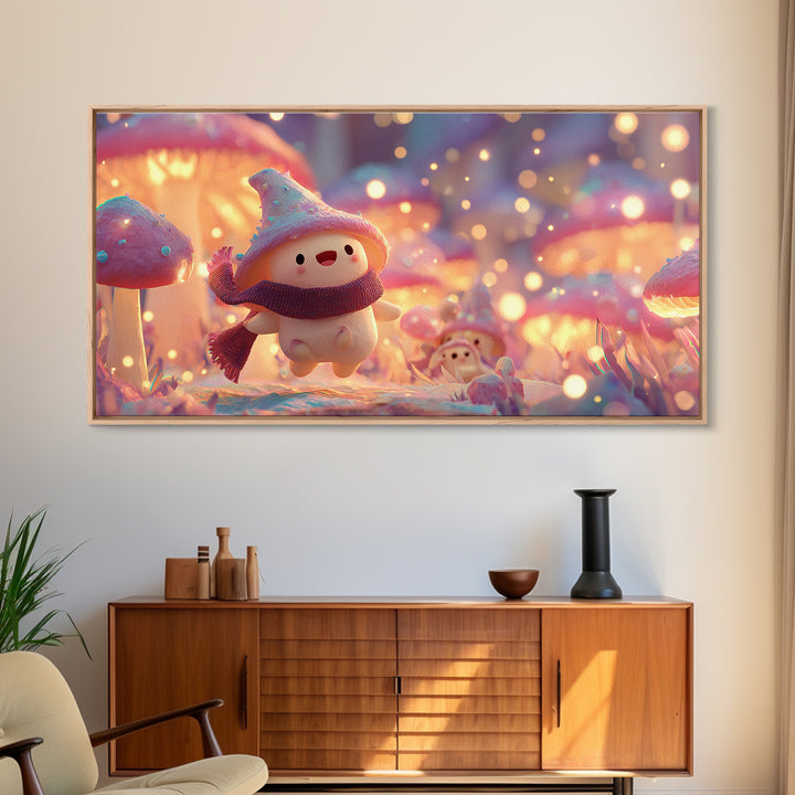 The Friendly Mushroom Forest, Vaporwave Halloween Decor, Wide Panoramic Art, Framed Canvas Print, Retro Halloween Decor, Neon Wall Art