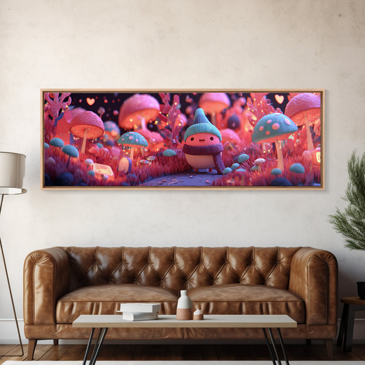 The Friendly Mushroom Forest, Retro Neon Halloween Art, Extra Wide Wall Art, Framed Canvas Print, Retro Halloween Decor, Neon Wall Art