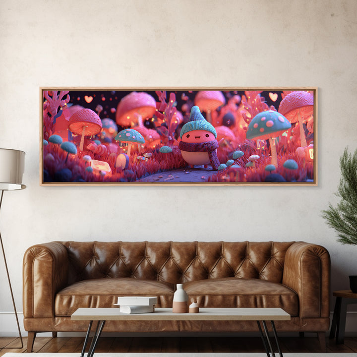 The Friendly Mushroom Forest, Retro Neon Halloween Art, Extra Wide Wall Art, Framed Canvas Print, Retro Halloween Decor, Neon Wall Art