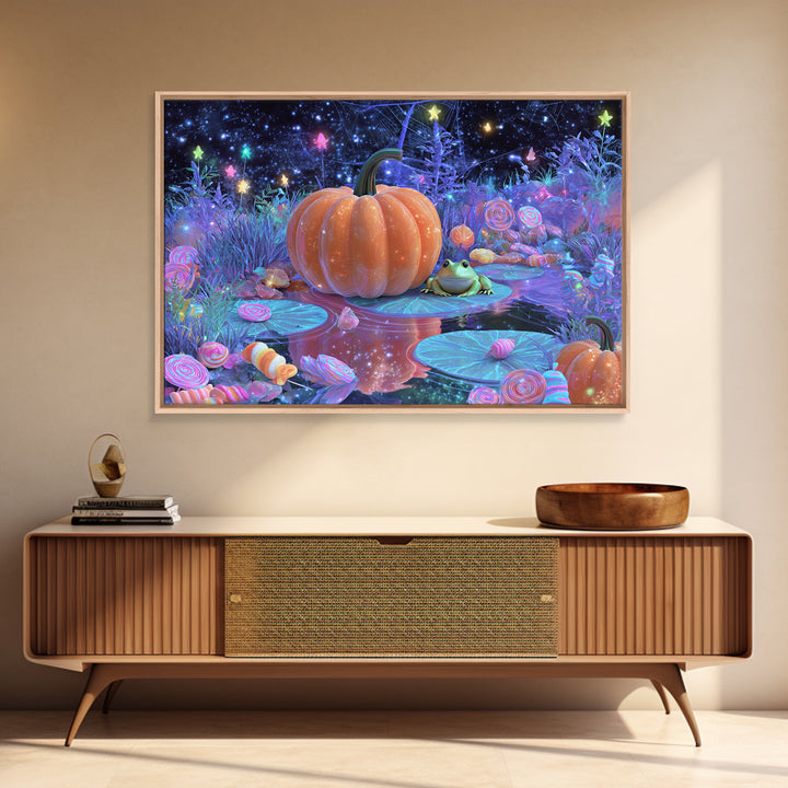 The Star-Filled Pumpkin Pond, Vaporwave Halloween Decor, Landscape Wall Art, Framed Canvas Print, Retro Halloween Decor, Neon Wall Art